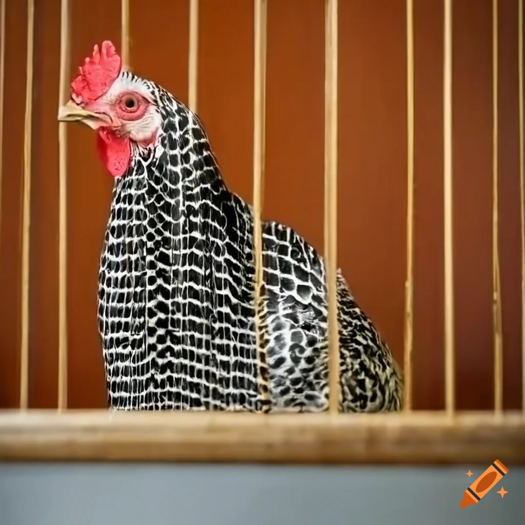 Mischievous chicken in a detailed jail cell with black and white barred