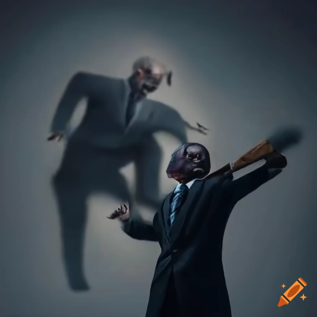 Man in suit battling a dark creature with abstract photo art style