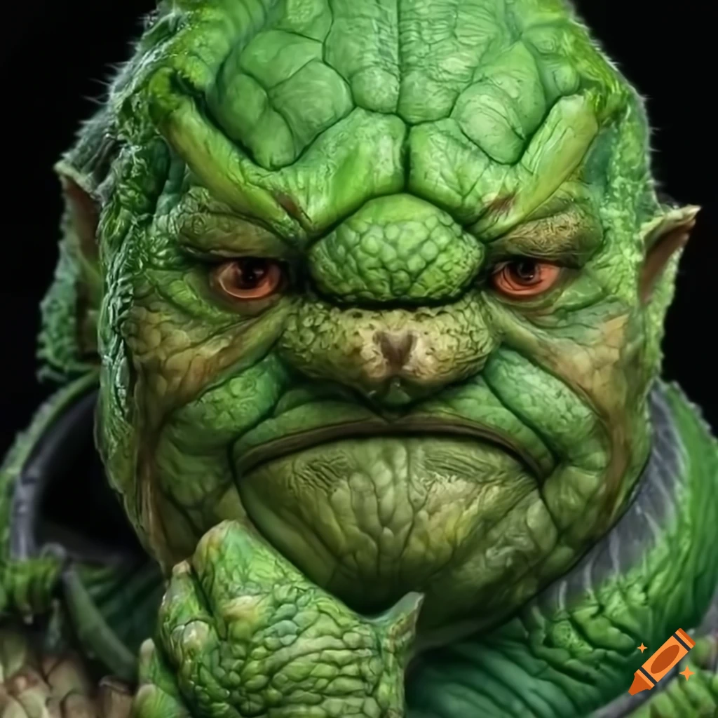 Hyper realistic fat green dragonborn mother matron bard