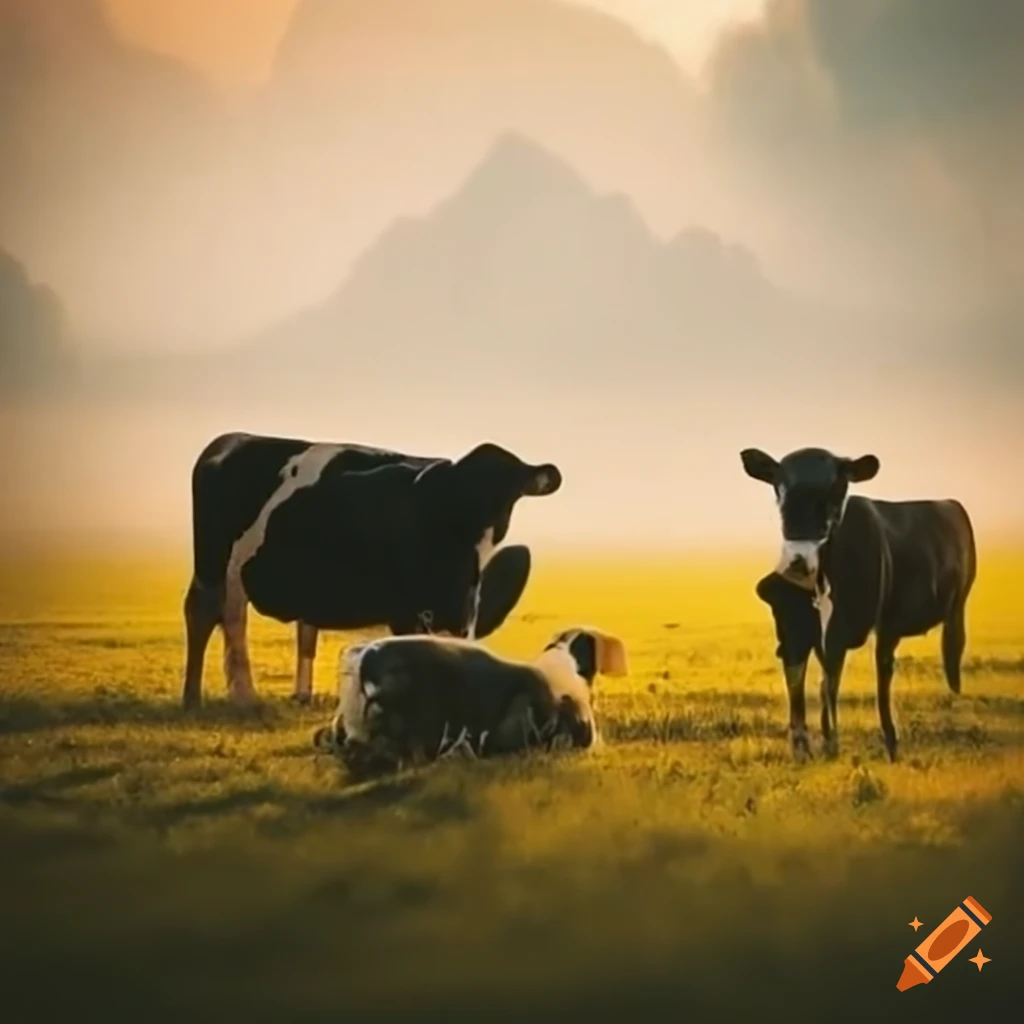Cows in a meadow with a goose