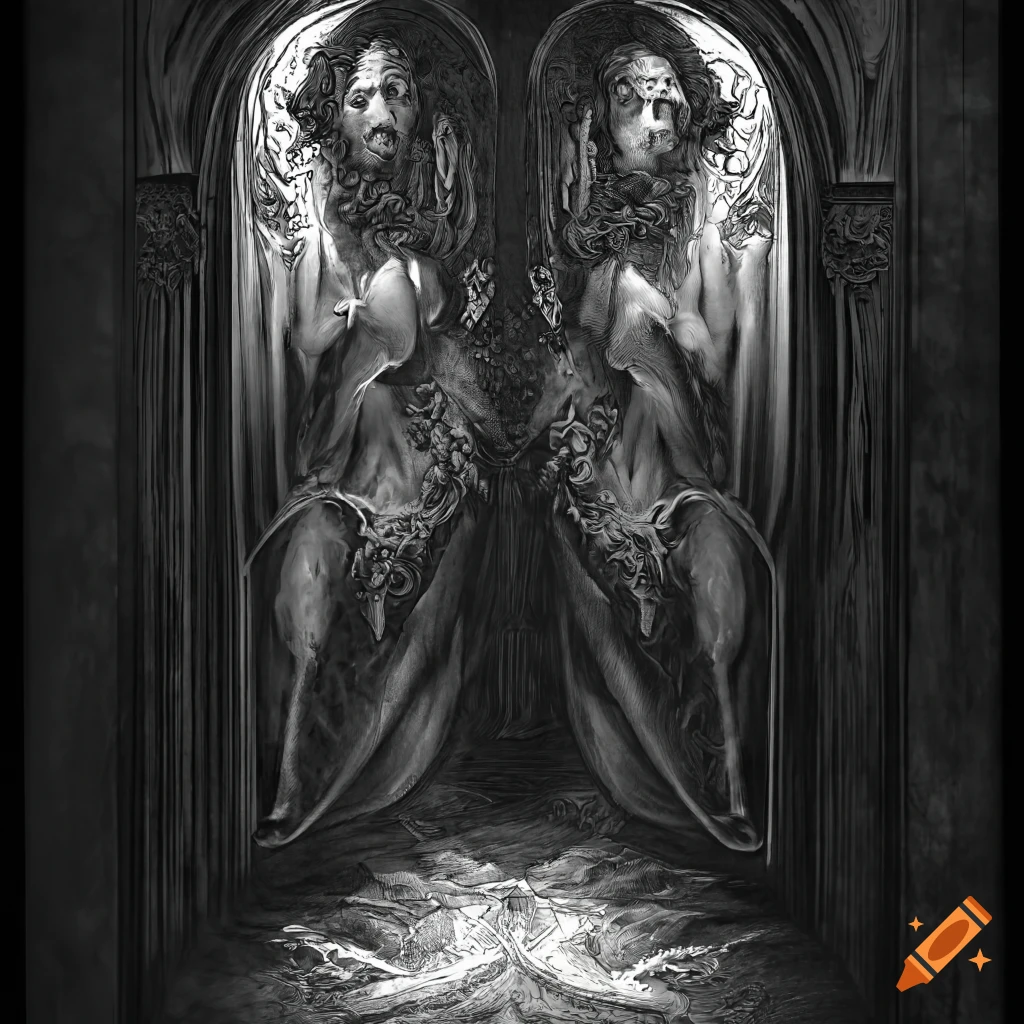 Art Nouveau-inspired demonic apostle in black marble