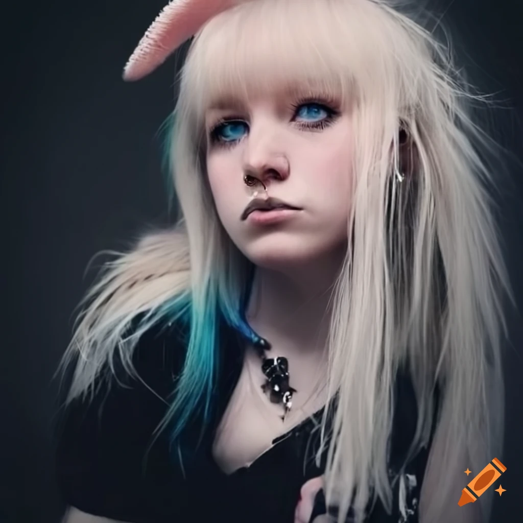 Pale bunny girl with blonde mullet, facial piercings, and blue eyes on