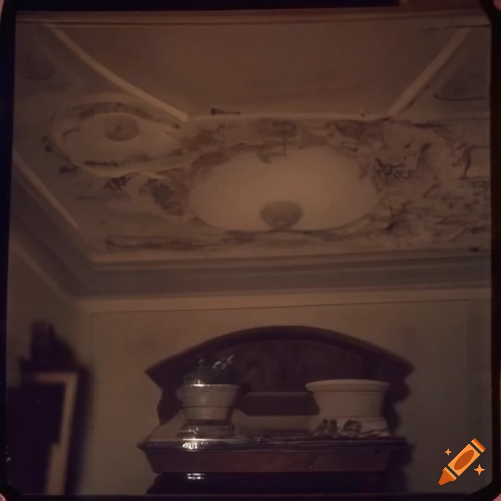 Ceiling of an old dark room with pots of flowers, captured in 1970s ...