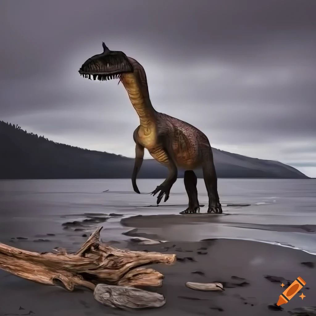 Hadrosaurus dinosaur walking along the British Columbia coast under warm morning light