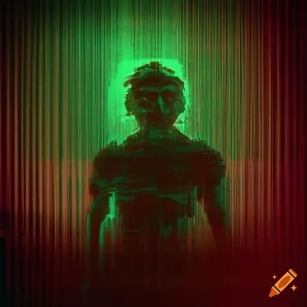 Double exposure of Japanese oni and VHS glitch with grunge textures in the background