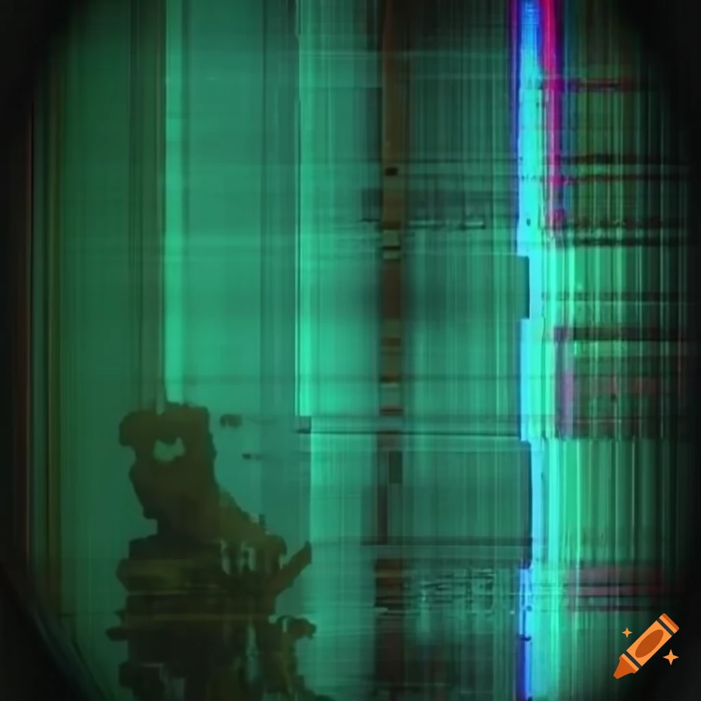 Double exposure of Japanese oni and vhs glitch with grunge textures, hazy lighting