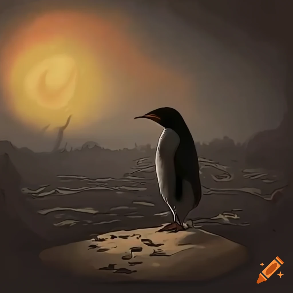 Sad lonely penguin in barren wasteland