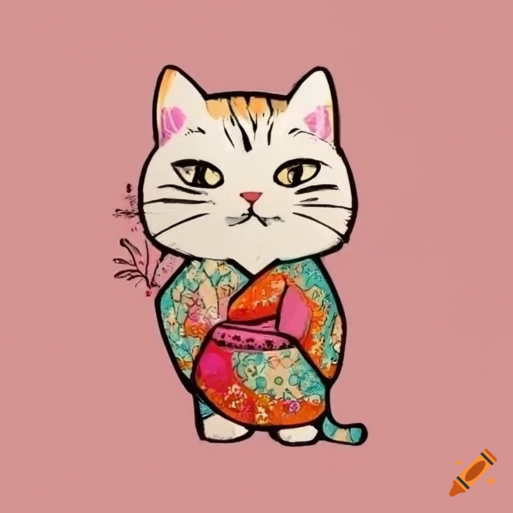 Cat wearing kimono with plum blossom in a retro japanese style on Craiyon