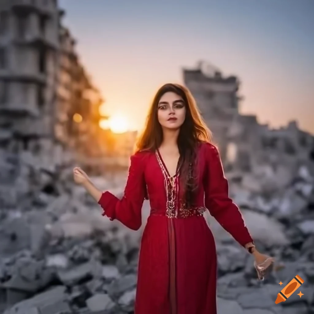 Young Palestinian woman standing near rubble and ruins in Gaza