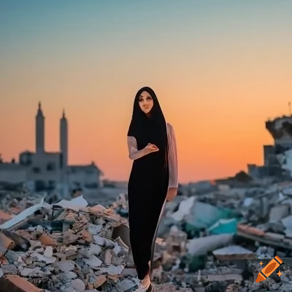Young Palestinian woman standing near rubble and ruins in Gaza