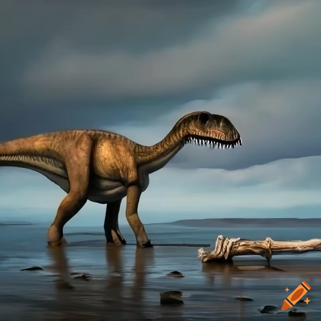 Hadrosaurus Speed Hadrosaurus dinosaur walking along British Columbia coast with ...