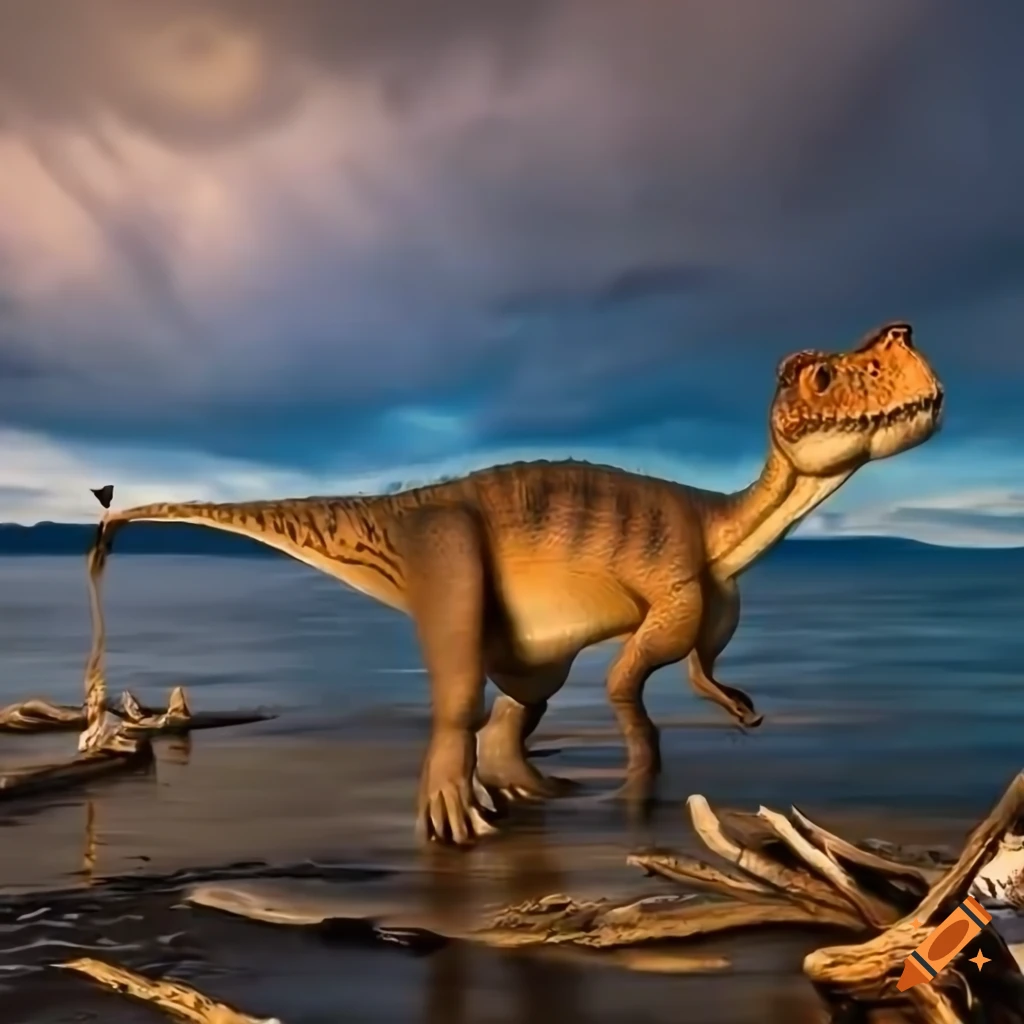 Hadrosaurus dinosaur walking along the British Columbia coast under warm morning light