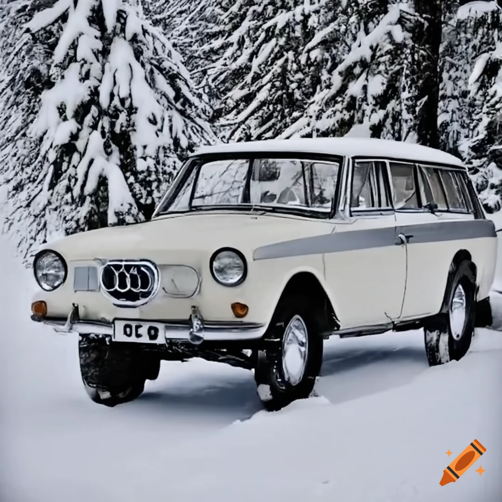1967 Audi allroad on a snowy mountain road during snowfall