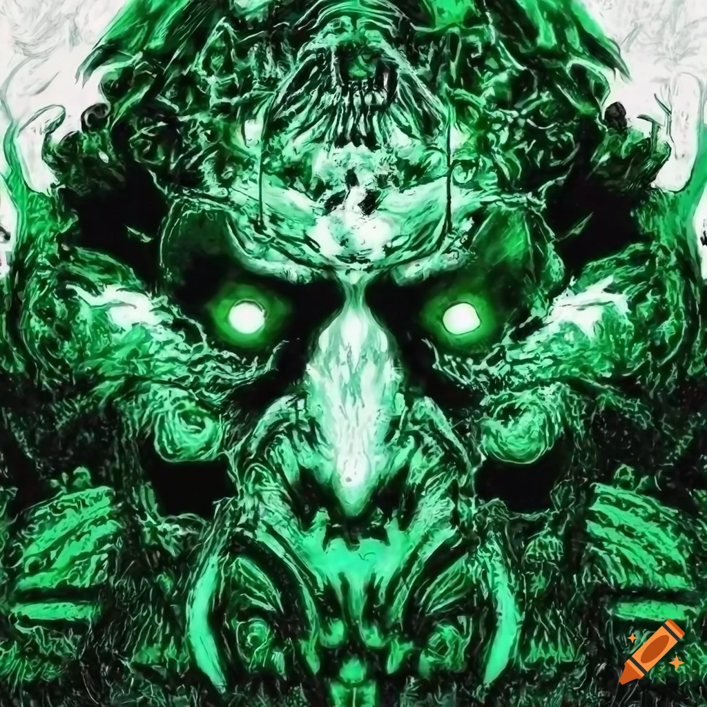 Black and green demonic slime apostle design inspired by Kentaro Miura and Gustave Doré