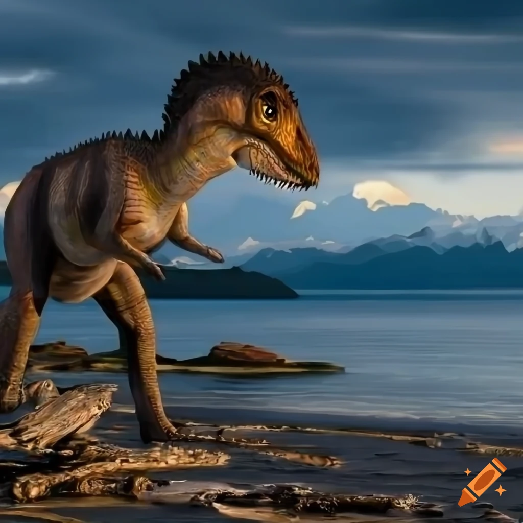 Hadrosaurus dinosaur walking along the British Columbia coast
