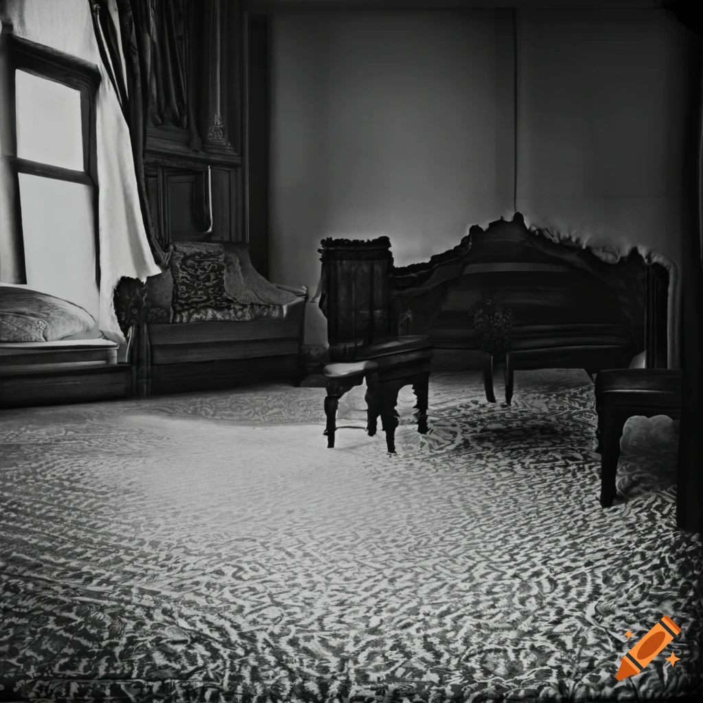 Interior of a haunting old living room with white carpet and walls