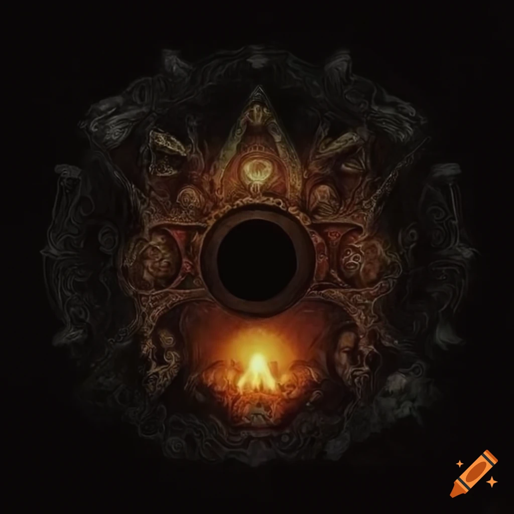 Esoteric black metal album cover with broken order and eclipse concept