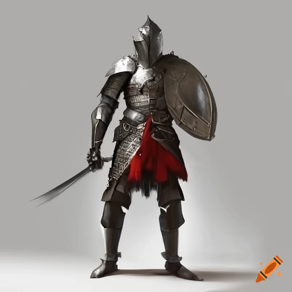 Fierce warrior in armor with sword and shield, full body and side views ...