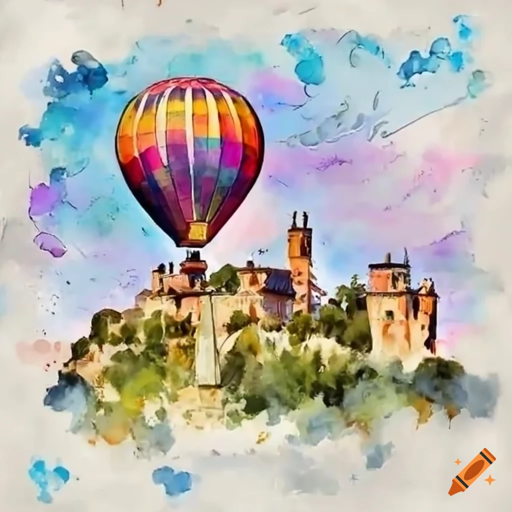 Vibrant hot air balloons floating above a charming chateau in Provence
