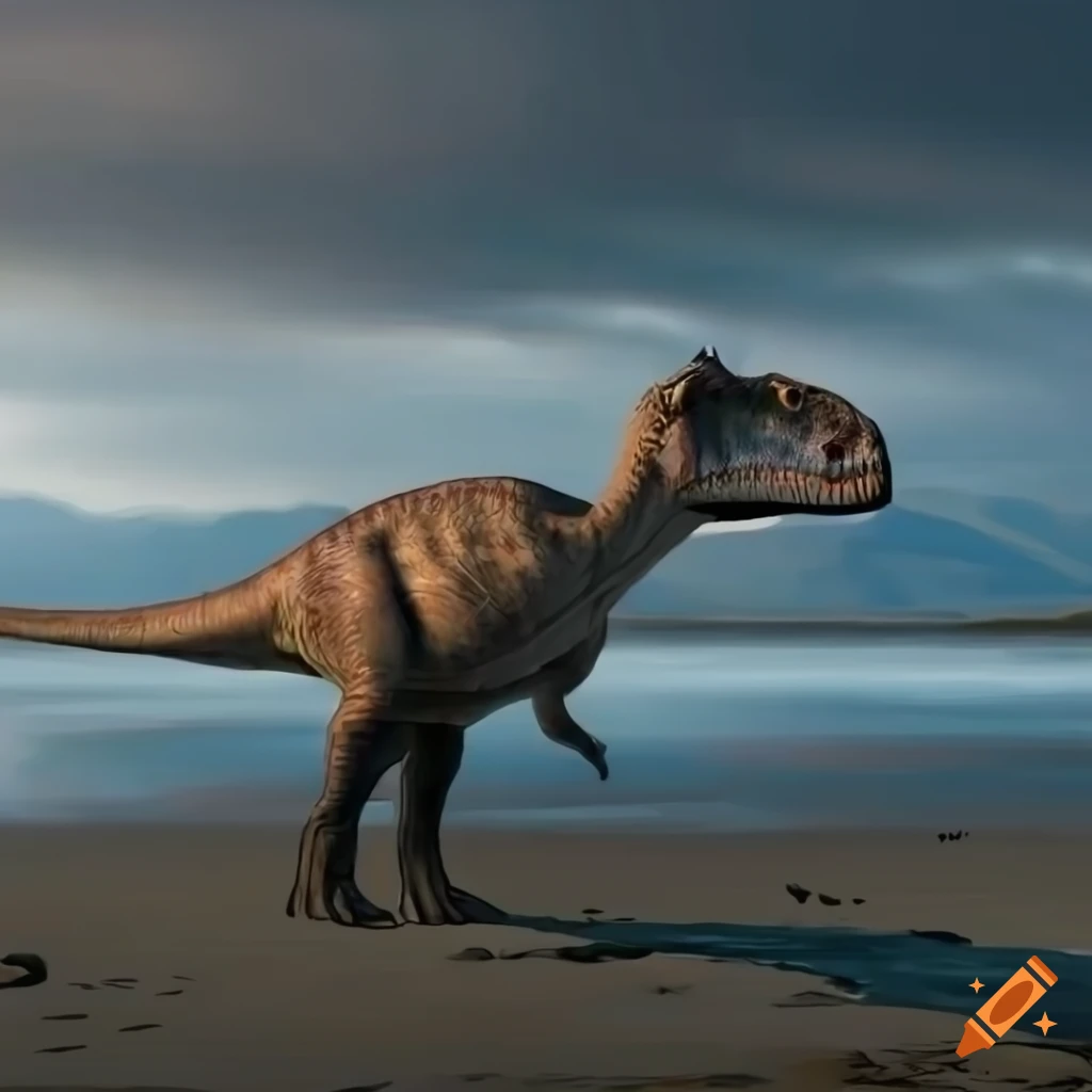 Hadrosaurus dinosaur walking on British Columbia coast in warm morning light