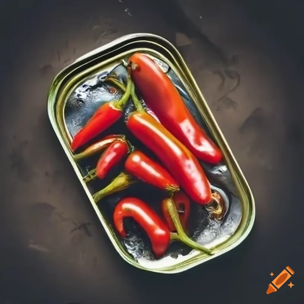 Red jalapenos packed tightly in an open sardine can on Craiyon