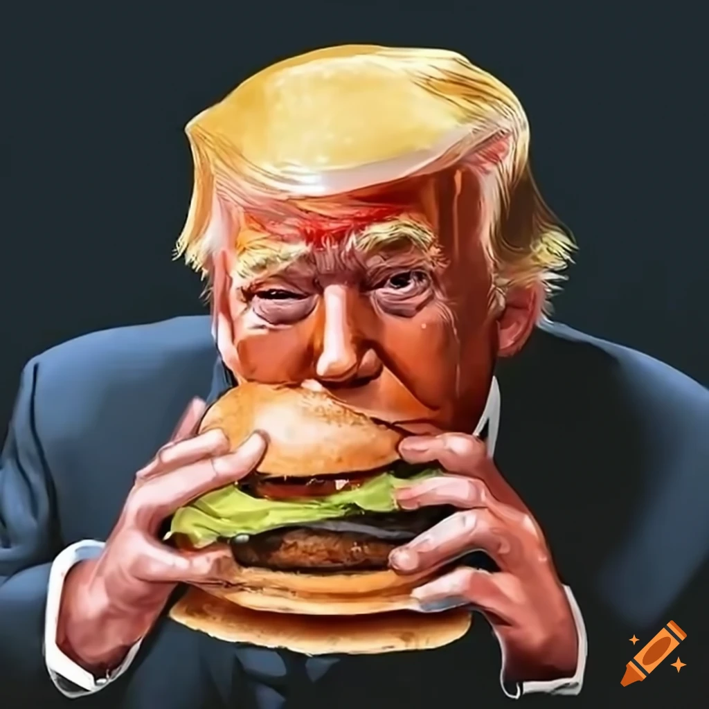 Satirical depiction of a public figure enjoying a burger