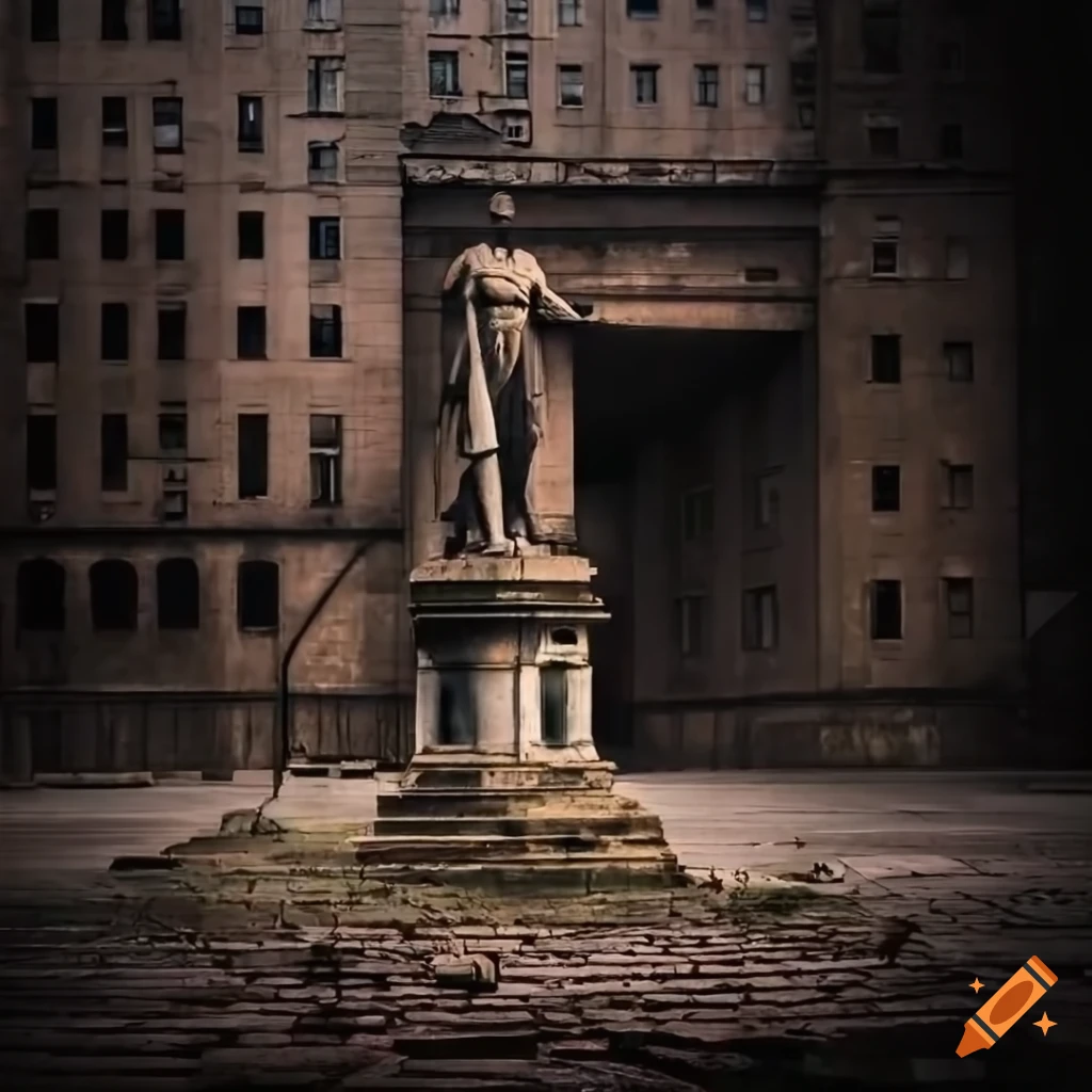 Run down provincial city square with oxidizing statue, overgrown overpass, and munition factories