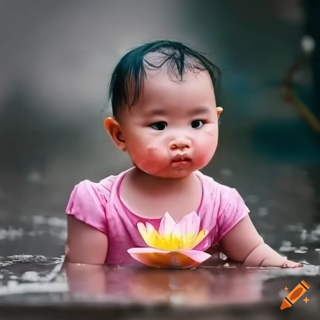 Beautiful Vietnamese girl with lotus flower in street gutter
