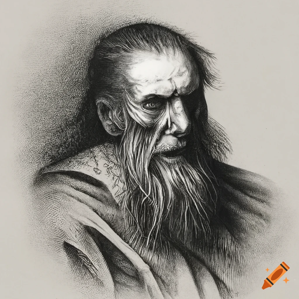 Hermit depicted in 1800s black and white etching on Craiyon