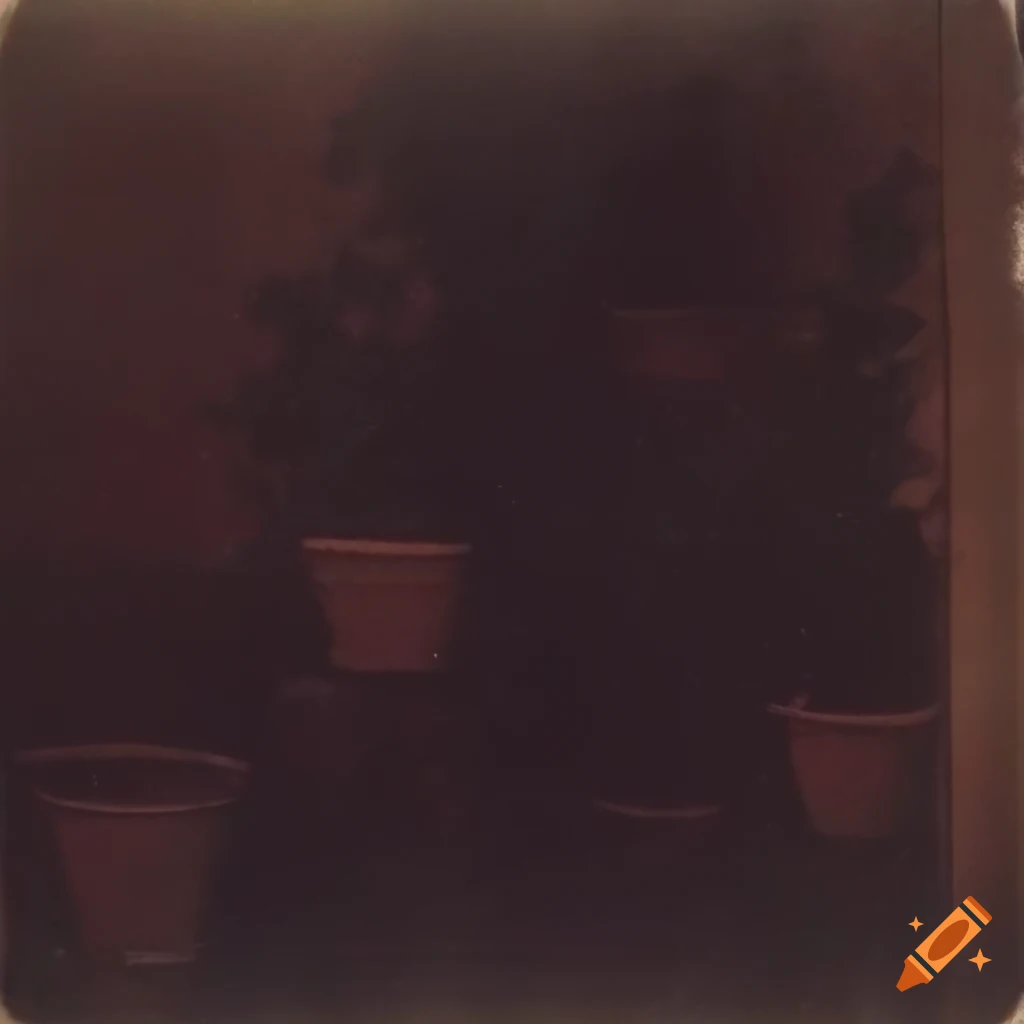 Old polaroid film with pots and shrub in a dark room on Craiyon