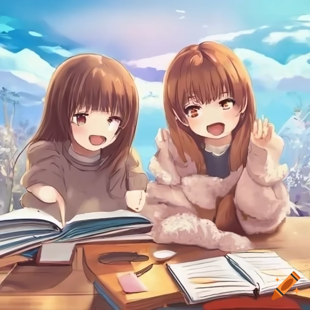 Group of cheerful anime girls surrounded by books and nature on Craiyon