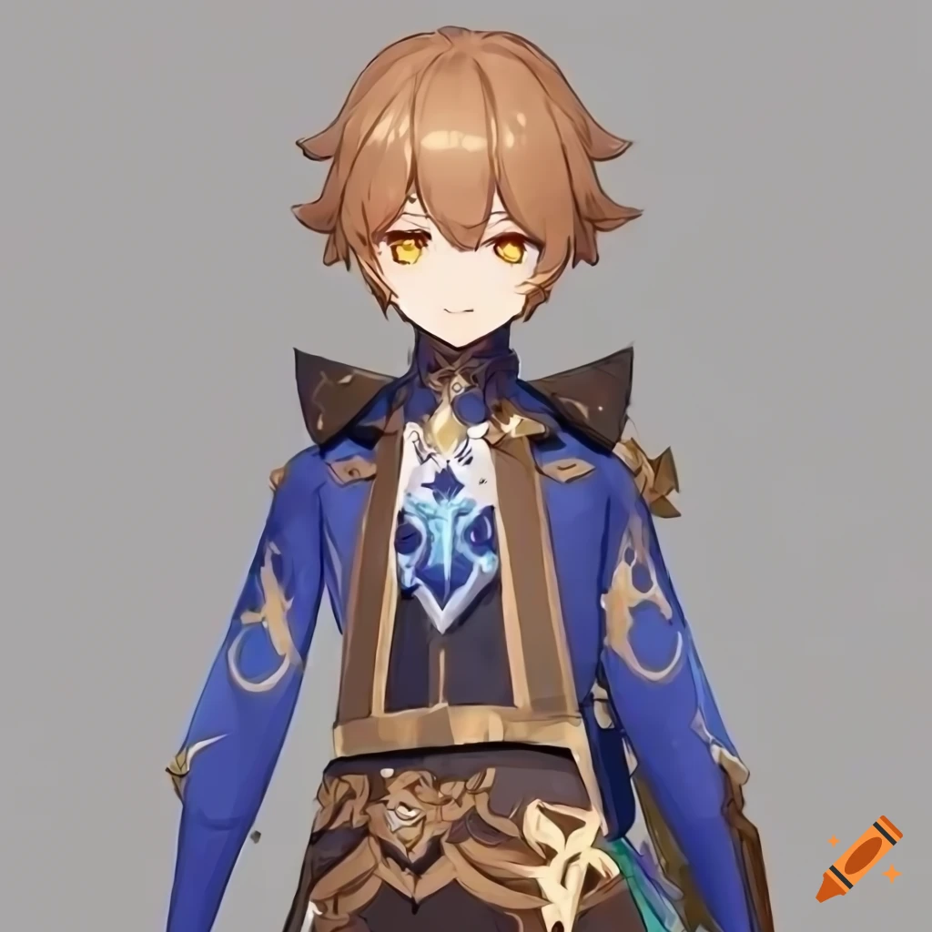 Genshin impact male child character with short brown hair and 