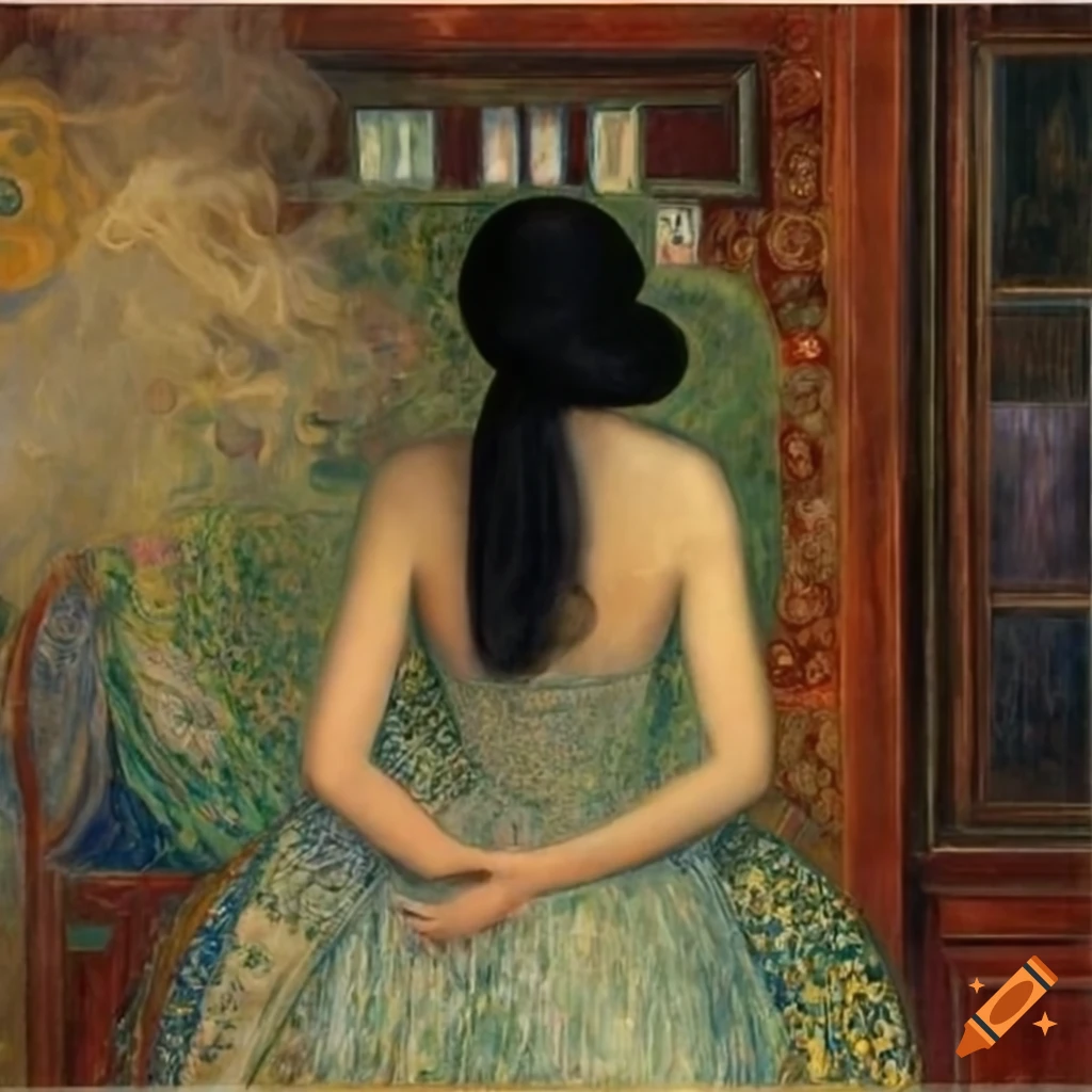 Elegant 1920s woman with black hair and cigarette in an oil painting