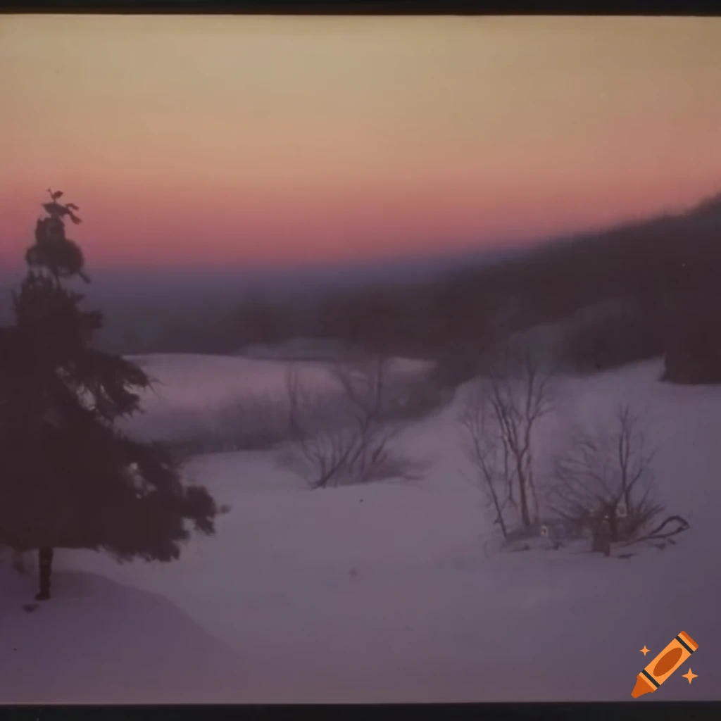 Winter evening hill with snowy bushes and low pines on Craiyon