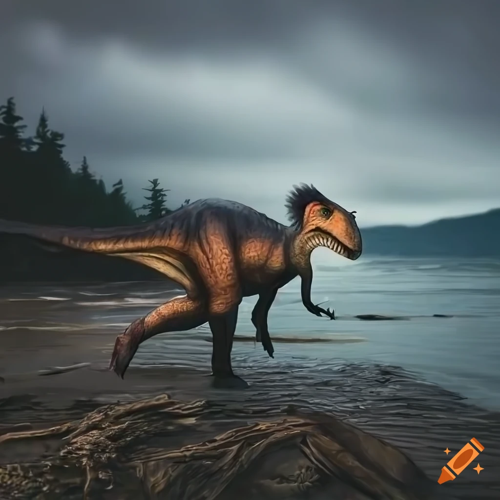Hadrosaurus dinosaur walking along the British Columbia coast