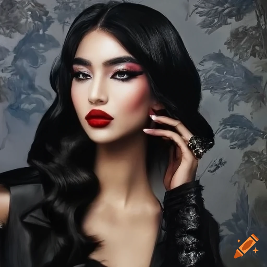 Portrait of a person with elegant black hair and gold ornate details in ...