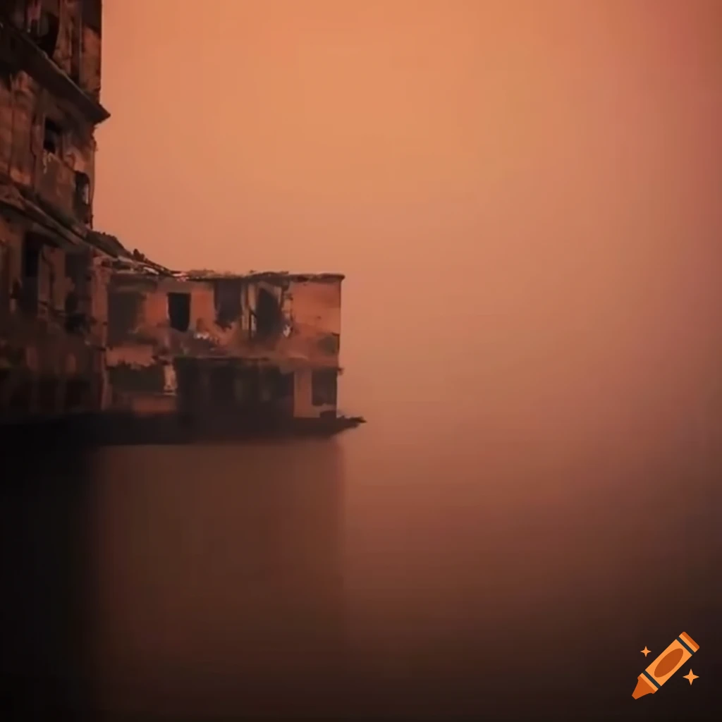 Crumbling abandoned building sinking into ocean in pale orange fog