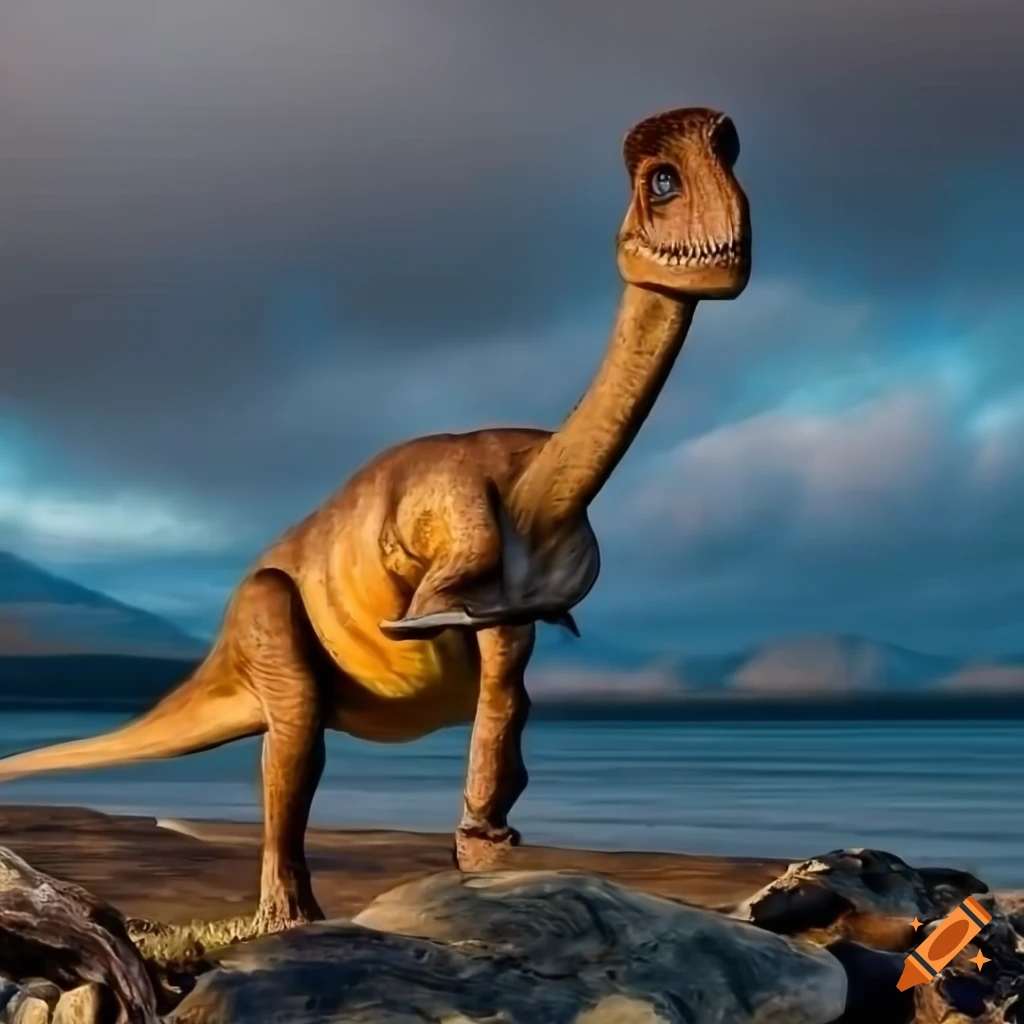 Hadrosaurus dinosaur walking on British Columbia coast under warm morning light