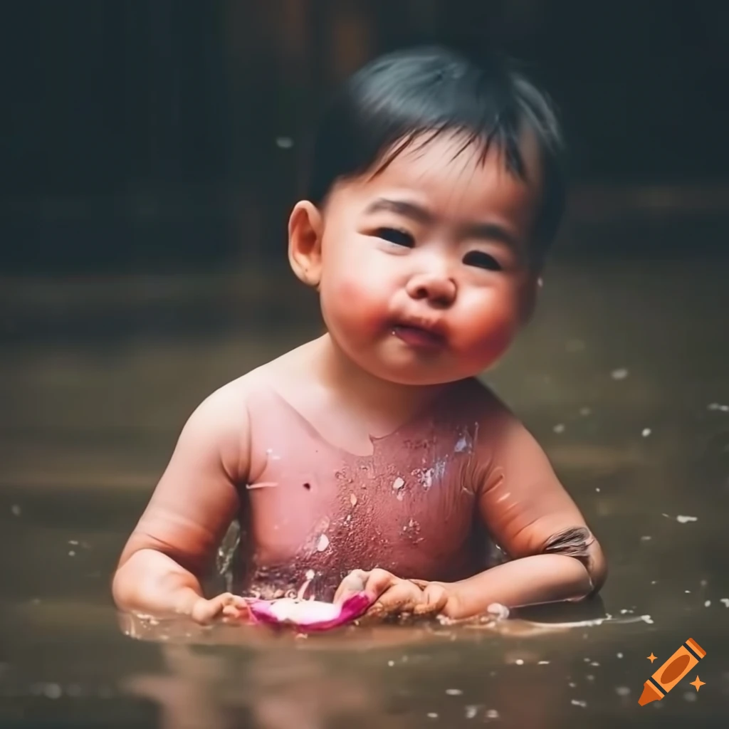 Beautiful Vietnamese girl with lotus flower in street gutter