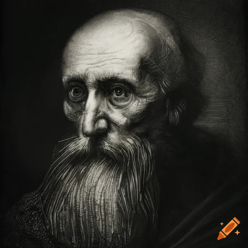 Hermit in 1800s etching in black and white realistic style on Craiyon