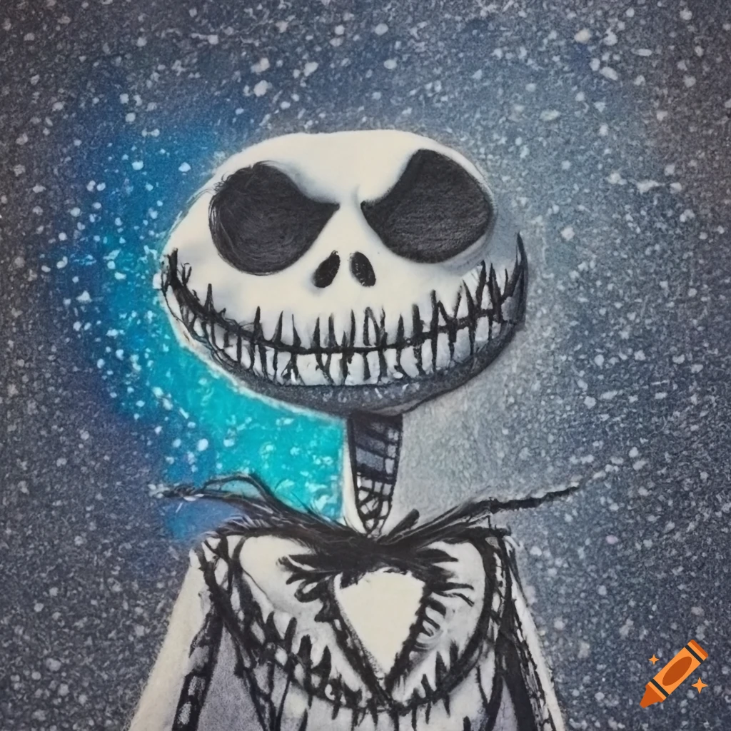 Needle felt jack skellington on blue sparkly background in disney style on Craiyon
