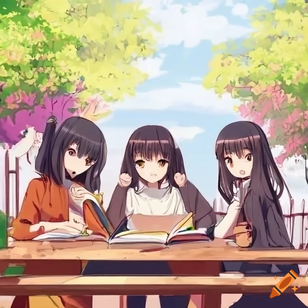 Cheerful anime girls studying at a terrace with garden backdrop