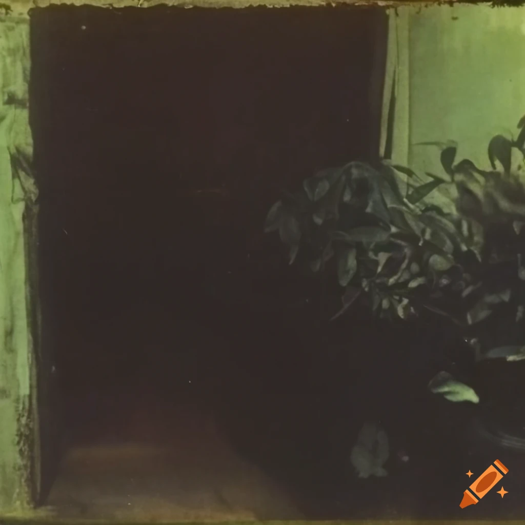 Old polaroid film showing dark room with pots and shrub on Craiyon
