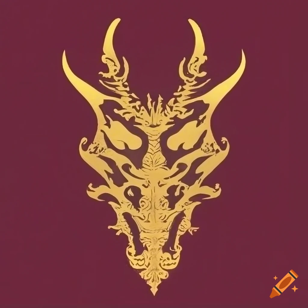 Stylized minimalistic golden dragon on burgundy background
