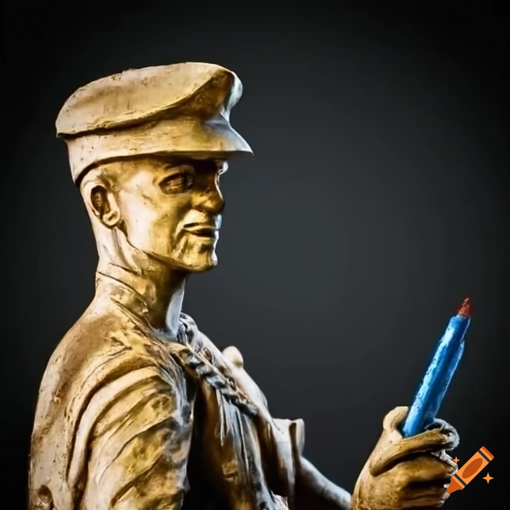 Proud us marine statue holding a blue crayon with a determined expression on Craiyon