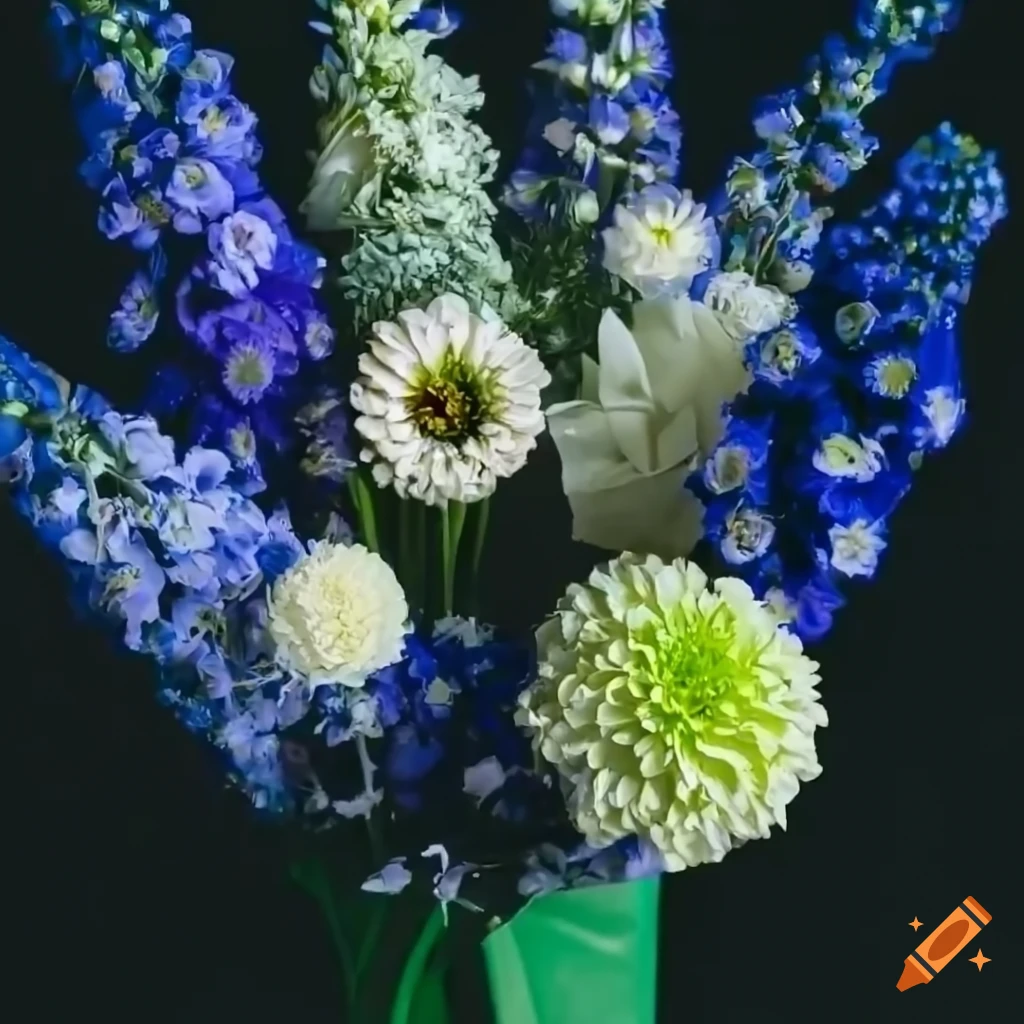 Bouquet of mums, zinnias, and delphinium wrapped in white paper with dramatic lighting