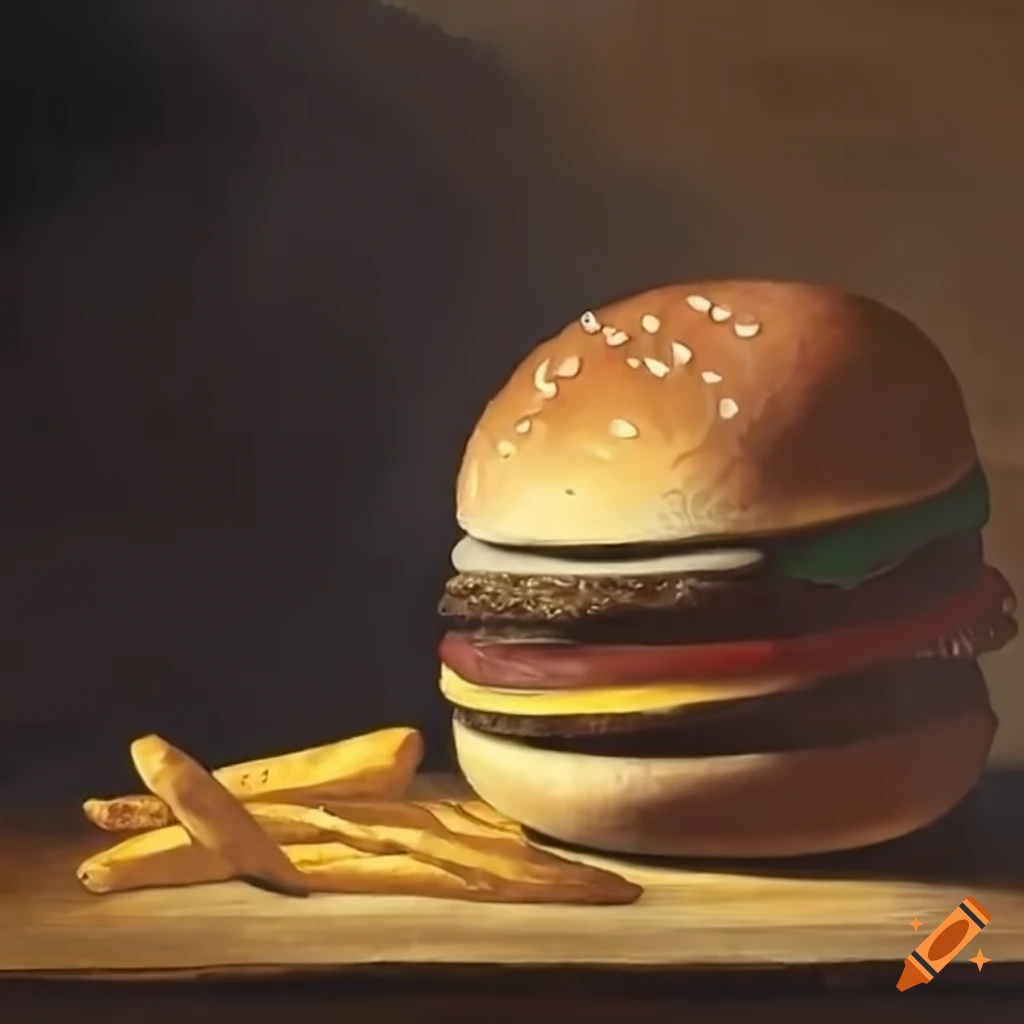 Master painter creating a still life with a hamburger and fries on Craiyon