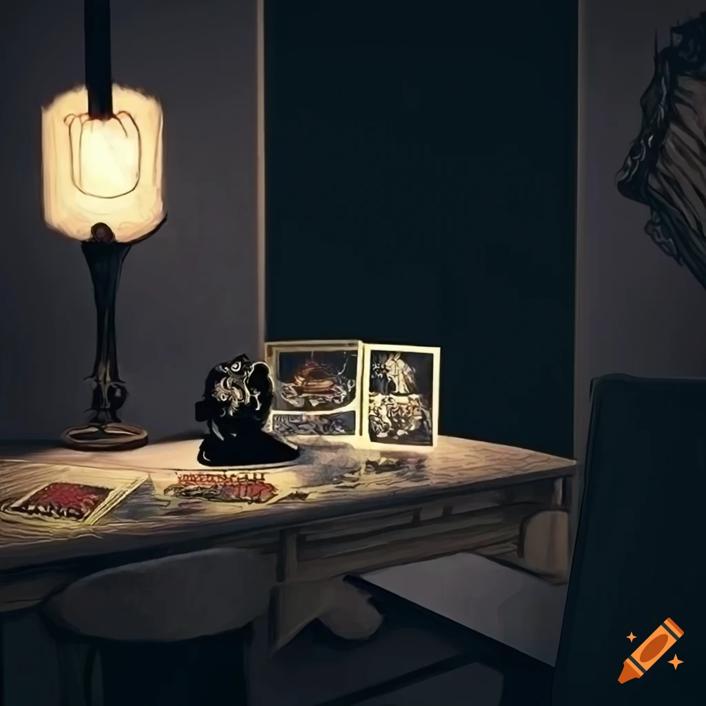 Modern office at night with tarot card and skull