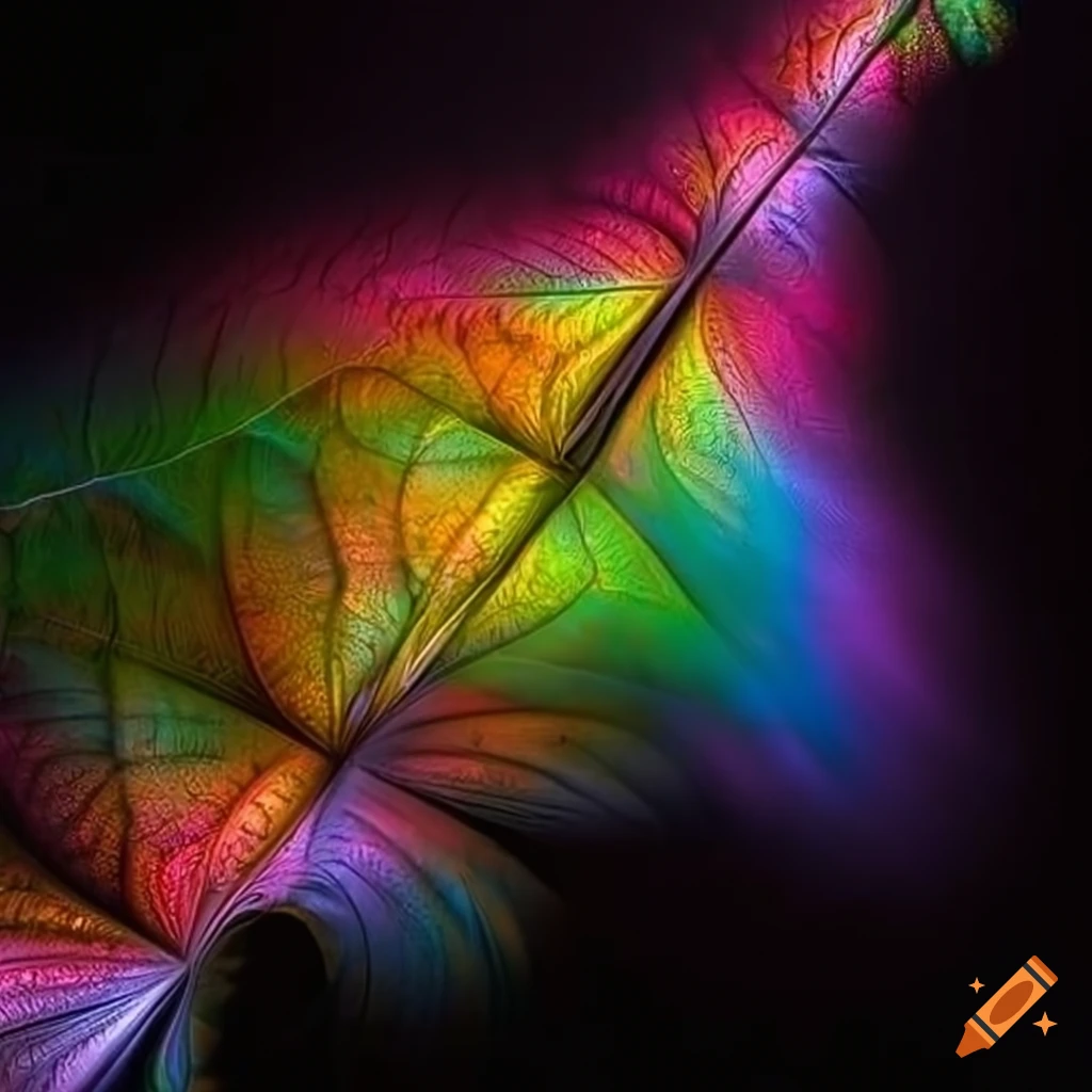 Falling leaf emitting multicolored fractals on black background on Craiyon