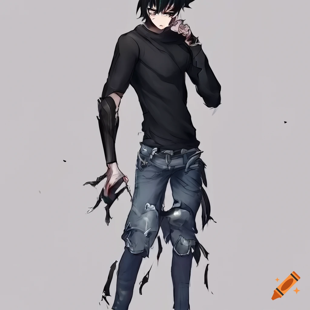 Anime style male character with skull mask and dark clothing on white